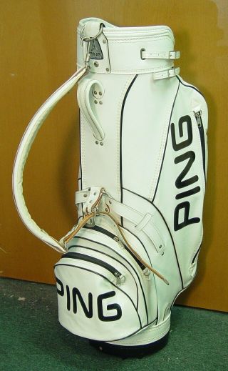 Vintage Ping White/black 9.  5 " Od Golf Staff Cart Bag W/ Raincover