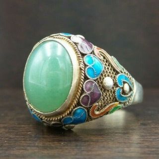 Antique Art Deco Chinese Export Sterling Silver,  Jade & Enamel Ring