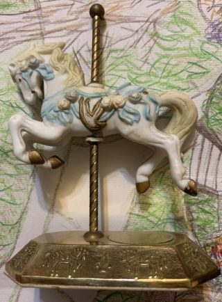 Vintage Carousel Horse Figurine Porcelain Ceramic Brass Westminster