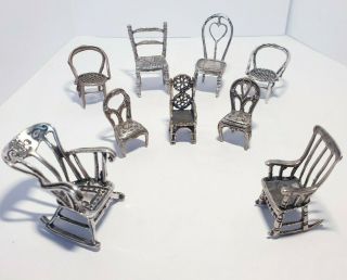 9 X Vintage Solid Silver Italian Made Miniature Dollhouse Chairs Hallmarked