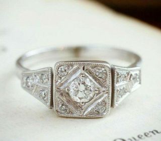14k White Gold Over Vintage Art Deco Engagement Wedding Ring 1.  8ct Round Diamond