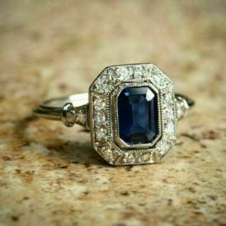 14k White Gold Over Vintage Art Deco Engagement Wedding Ring 2 Ct Blue Sapphire