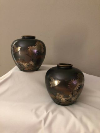 Antique Japanese Bronze Mixed Metal Vases With Relief