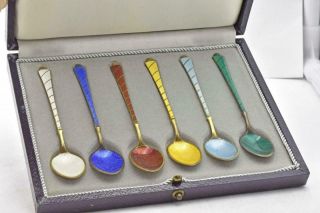 Vintage Ela Denmark Sterling Silver & Enamel Set Of 6 Demitasse Spoons S&f Box