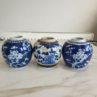 Trio Of Good Chinese 19th C Kangxi Style Blue & White Prunus Jars