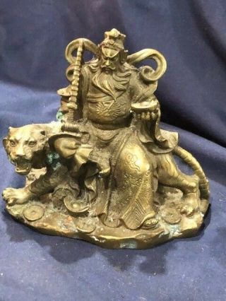 Guan Yu Guano Gong Chinese Bronze,  God Of Wealth Sitting On Tiger 5x6 Inches
