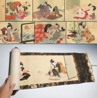 19c Hand Drawn Shunga Scroll Painting Jiku Edo Japanese Antique Ukiyo - E