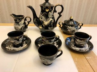 Vintage Chinese Ceramic 3d Hand Painted Dragon Tea Pot Cup Cream Sugar Set Black