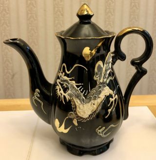 Vintage Chinese Ceramic 3D Hand Painted Dragon Tea Pot Cup Cream Sugar Set Black 2