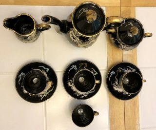Vintage Chinese Ceramic 3D Hand Painted Dragon Tea Pot Cup Cream Sugar Set Black 3