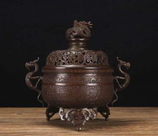 Old Chinese Bronze Incense Burner With Dragon Qianlong Mk H8.  66”