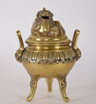 19th Century Chinese Bronze Tripod Censer Incense Burner Lion Lid