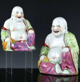 Fine Pair Chinese Famille Rose Enamel Happy Lucky Porcelain Buddha Figures