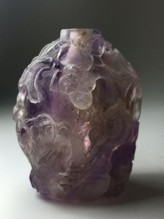 Antique Chinese Hand Carved Natural Purple Crystal Stone Snuff Bottle 118g 2.  5”