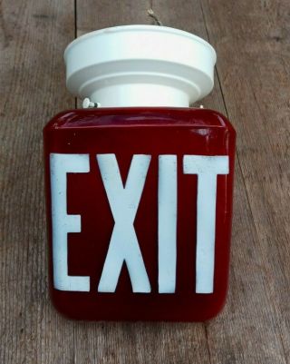 Sweet Vintage Ruby Red Light Exit Sign Glass Globe Triangle Wedge Double Sided