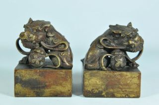 Pair Fine Old Chinese Japanese Gilt Gold Bronze Foo Dog Seal Chop Scholar Art 2
