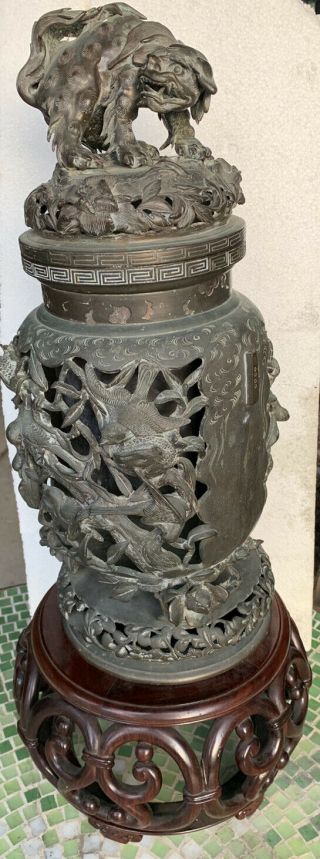 Antique Japanese Bronze Incense Burner W/shishi Fu Dog Top