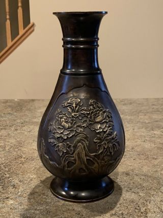 19th C Antique Chinese Bronze Vase With Flower