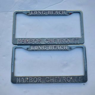 2x Long Beach California Harbor Chevrolet Vintage Metal Dealer License Frame