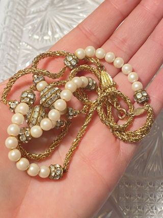 Vtg Couture Gold Pearl Rhinestone Necklace Signed Christian Dior Germany 1974
