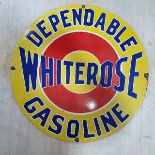 White Rose Gasoline 30 Inches Round Vintage Enamel Sign