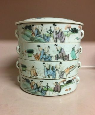 Chinese Famille Rose Porcelain Stacked Boy Bowls And Cover,  Signed,  Small Crack