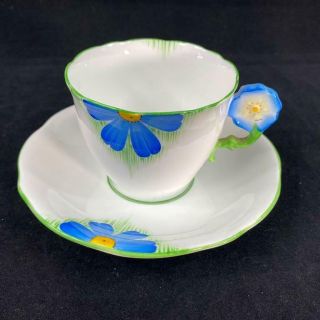 Vintage Aynsley Flower Handle Blue Floral Pattern Art Deco Cup Saucer S102