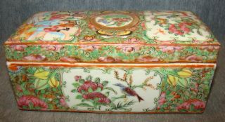 19th C.  Rose Medallion Chinese Porcelain Brush Box Birds Flowers People Butterfly