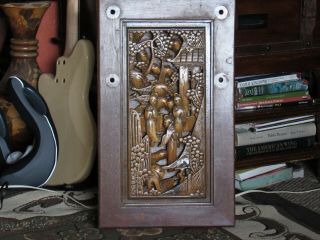 Antique Chinese 3d Hand Carved Wood Wall Panel,  Deep Detail 3 People In Garden