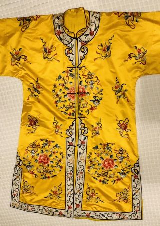 antique 1940s Chinese Coat Robe Kimono Embroidered Floral Fish Sun Yellow 5