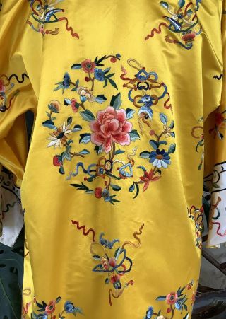 antique 1940s Chinese Coat Robe Kimono Embroidered Floral Fish Sun Yellow 6