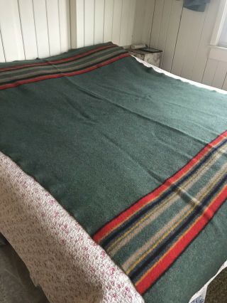 Vintage Pendleton Wool Blanket 66” X 84” Green Gray Red Stripe Yakima Camp