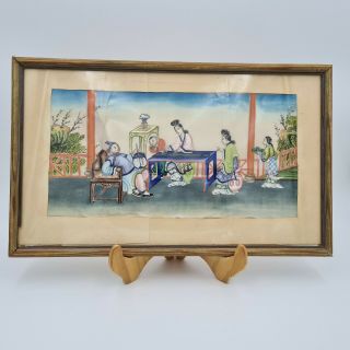 Large Qing Dynasty 19th Century Chinese Gouache Rice Paper Painting Court Scene