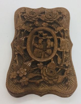 Antique Chinese 19th Century Carved Wood Scholars Floral Card Case