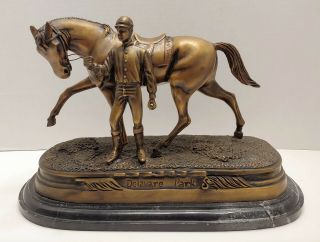 Vintage Bronze Art Sculpture Delaware Park Race Track Horse Jockey Marble Base