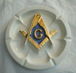 Vintage Masonic Ceramic Ashtray White With Gold & Blue (8.  75 ")