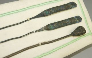 Fine Group 3 Antique 19th C Qing Chinese Silver & Enamel Hair Pin Ornaments Nr