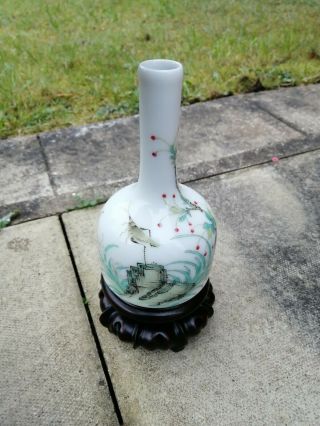 Antique Chinese Famile Rose Antique Porcelain Vase W/ Marks & Wooden Stand