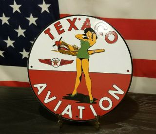 Vintage Texaco Gasoline Porcelain Gas Pin Up Girl Airplane Service Texas Sign