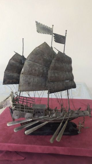 Old Chinese Export Silver & Metal Armed War Junk Ship Boat Carved Type Base