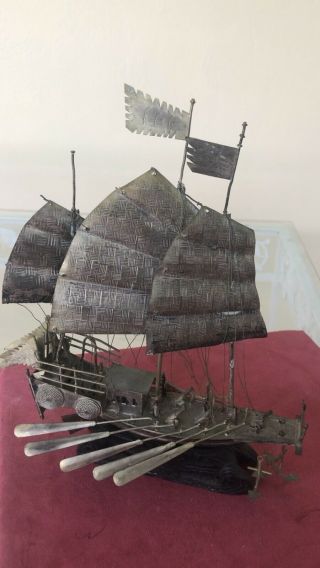 Old Chinese Export Silver & Metal Armed War Junk Ship Boat Carved Type Base 2