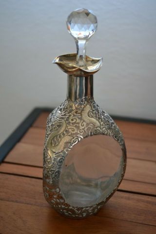 Antique Chinese Export Sterling Silver Wang Hing Overlay Glass Decanter