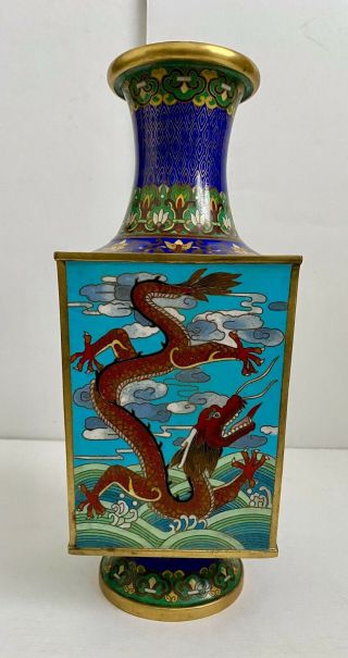 Antique Chinese Cloisonne Square Dragon Vase 10 1/4”
