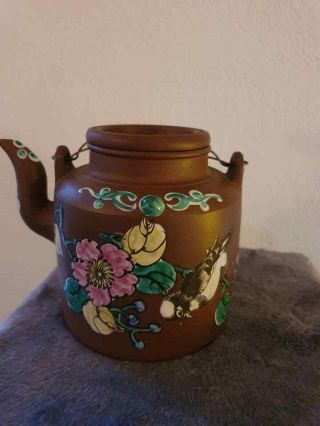 Fine Antique Chinese Qing Yixing Zisha Clay & Famille Rose Enamel Teapot Marked
