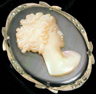 Vintage Sterling Silver Mother Of Pearl Abalone Cameo Brooch Ornate