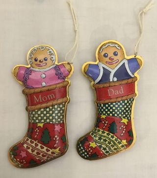 Hallmark Keepsake Ornaments 1999 Mom & Dad Gingerbread In Stocking Pressed Tin