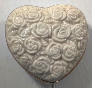 Lenox Rose Bouquet Heart Shaped Trinket Box Embossed Ivory Porcelain China 2.  25”