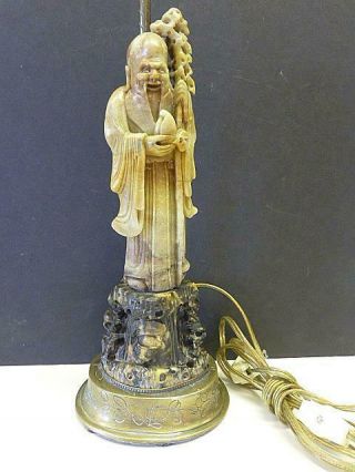 Antique Chinese Soapstone Carved Immortal Wise Man Lamp Figure Vintage