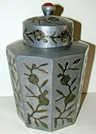 Antique Chinese Pewter Tea Caddy Ginger Tea Jar / Agate Finial Complete