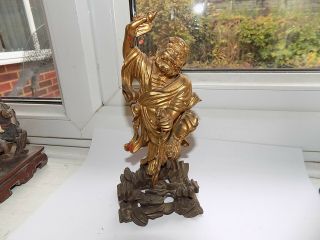 Antique Chinese Hand Carved Gilt Wood Figure Of An Elderly Man With Bird H 19 Cm